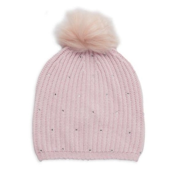 Carolyn Rowan Cashmere Blend Ribbed Faux Fur Pom-Pom Knit Beanie Baby Pink OSFM - Picture 1 of 1
